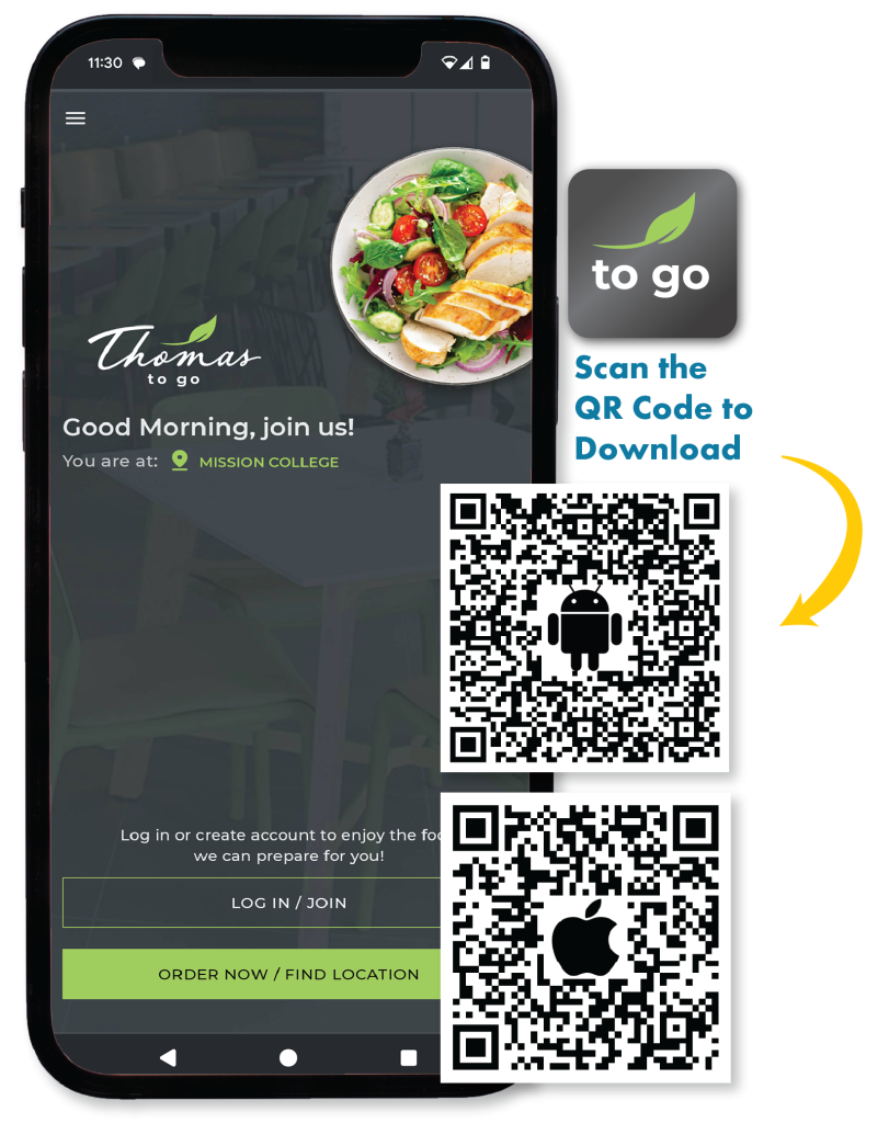 A photo of the Thomas to Go Application along with QR codes that can be scanned on the phone to get the phone application