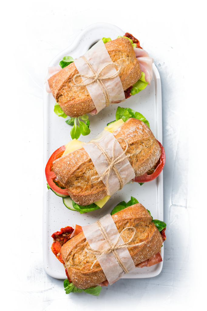 A display of three sandwiches
